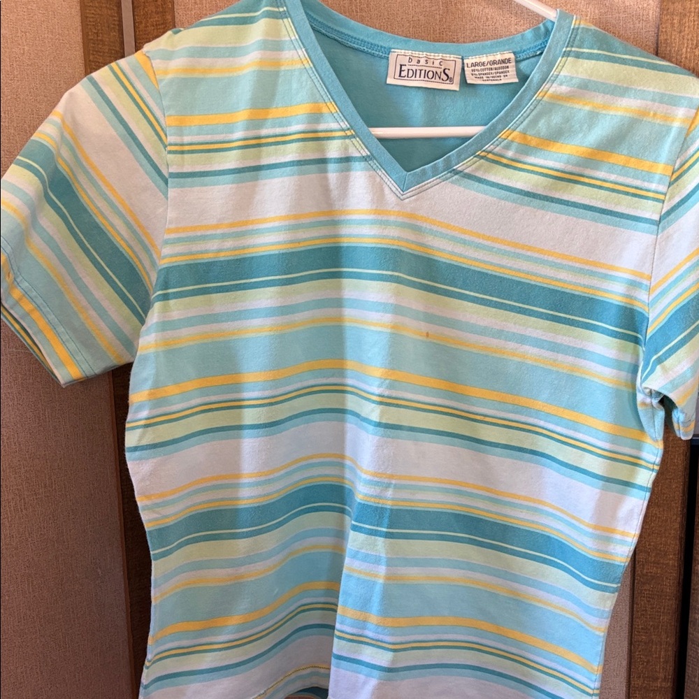 Basic Editions Ladies V-Neck Striped Tee - Light Blue and Yellow Large